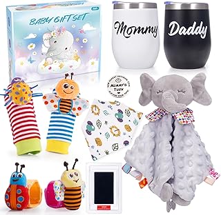 HappyKidsClub 8 Newborn Baby Boy Girl Shower Gifts Set, Baby Essentials for Newborn Include Baby Comforter Baby Hand and Footprint Kit Baby Bibs Baby Wrist Rattles Socks New Mum to be Pregnancy Gifts