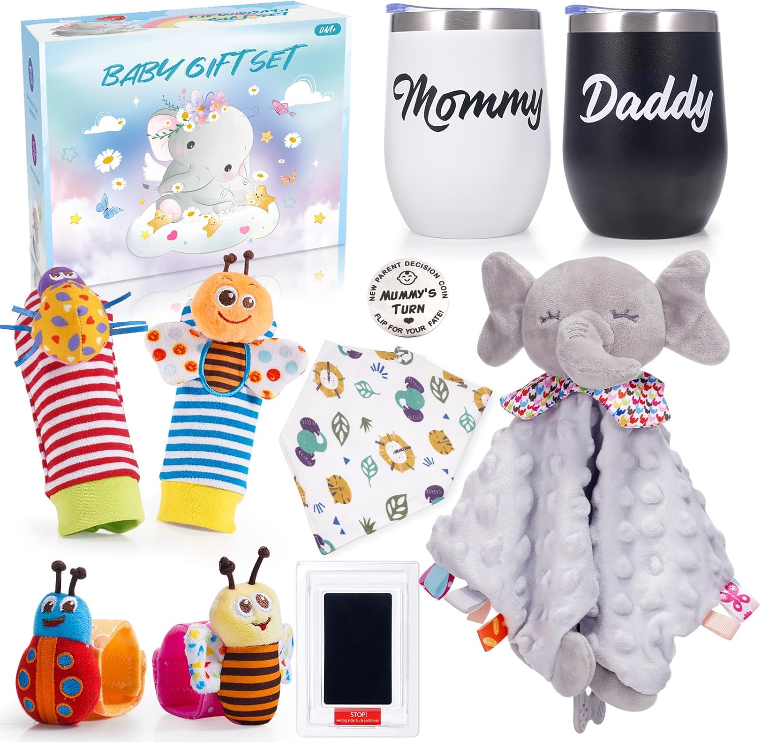 HappyKidsClub 8 Newborn Baby Boy Girl Shower Gifts Set, Baby Essentials for Newborn Include Baby Comforter Baby Hand and Footprint Kit Baby Bibs Baby Wrist Rattles Socks New Mum to be Pregnancy Gifts-0