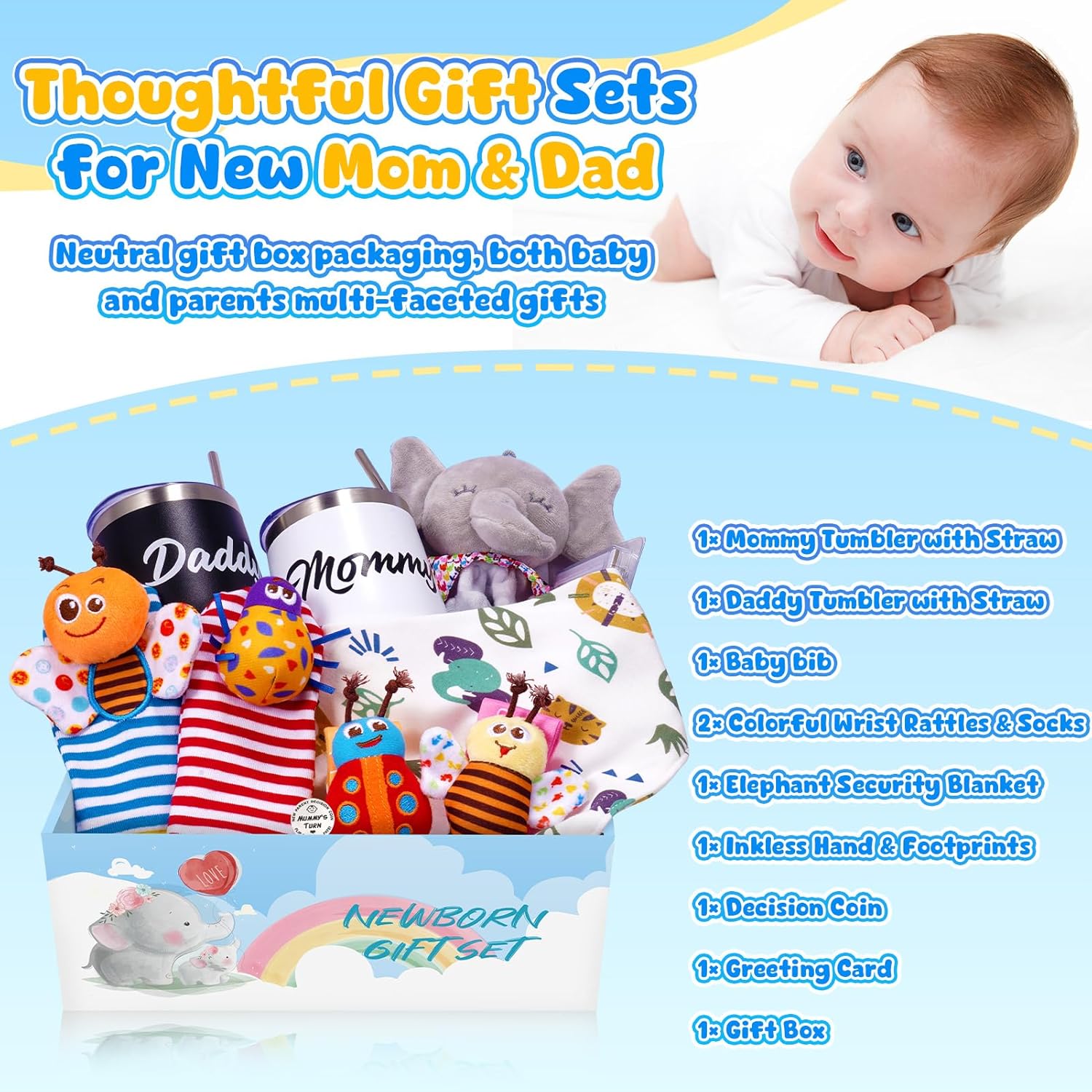 HappyKidsClub 8 Newborn Baby Boy Girl Shower Gifts Set, Baby Essentials for Newborn Include Baby Comforter Baby Hand and Footprint Kit Baby Bibs Baby Wrist Rattles Socks New Mum to be Pregnancy Gifts-1