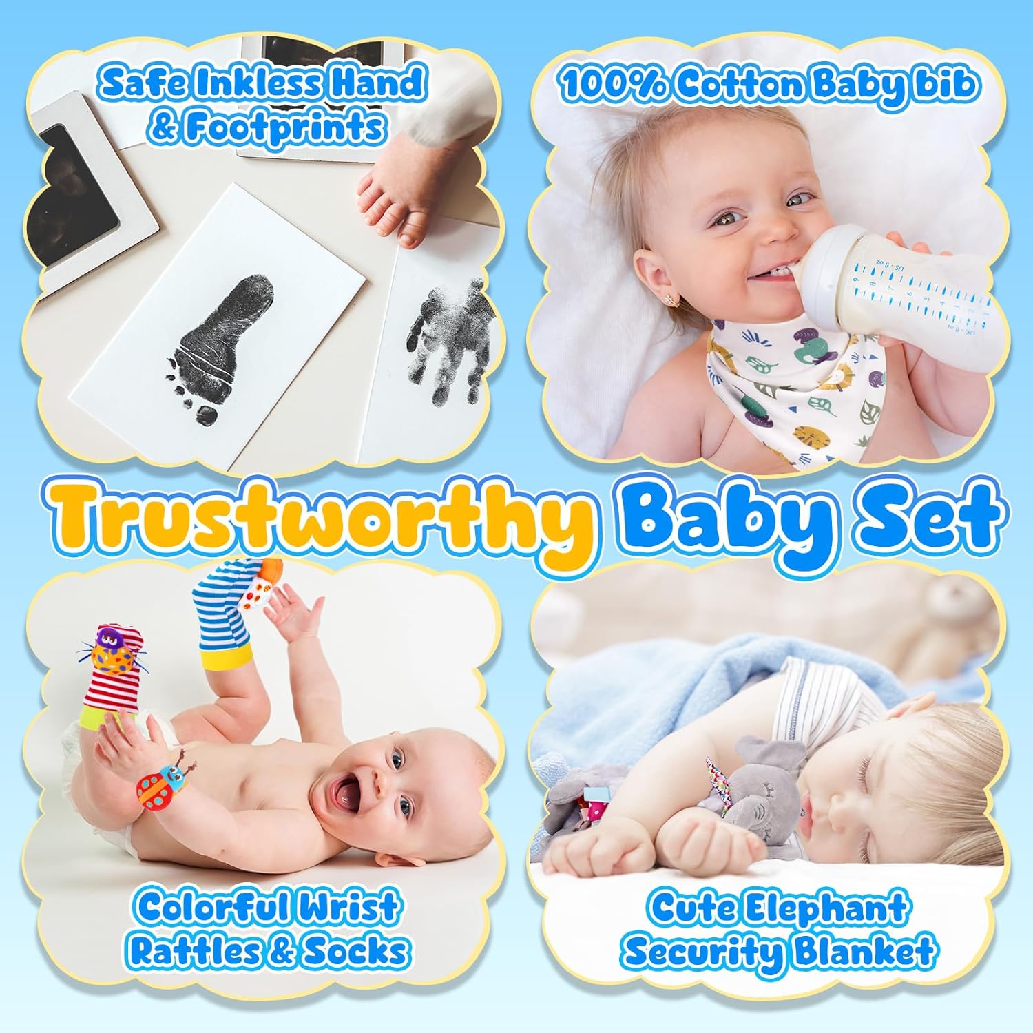 HappyKidsClub 8 Newborn Baby Boy Girl Shower Gifts Set, Baby Essentials for Newborn Include Baby Comforter Baby Hand and Footprint Kit Baby Bibs Baby Wrist Rattles Socks New Mum to be Pregnancy Gifts-2