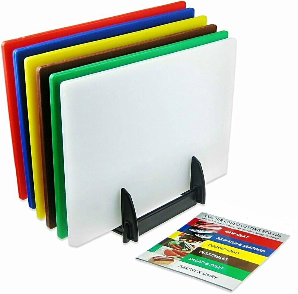 Stalwart 6 x Colour Coded Chopping Boards Set Incl Rack and Wall Chart 450x300x10mm. LDPE Hygienic and Easy to Clean.-0