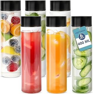 HEFTMAN Plastic Juice Bottles with Lids - 6 Pack 400ml Empty Sensory Bottles with Black Screw Top Lids, Food-Safe PET Clear Plastic Bottles for Water, Juice, Iced Coffee, Smoothie Bottles To Go