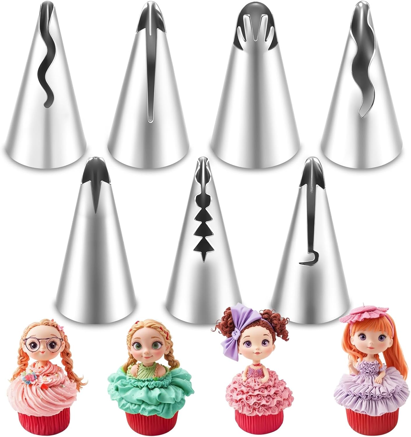 Thinp 7 Pcs Piping Tips,Pleated Skirt Piping Nozzles Set Stainless Steel Ruffle Piping Tips Cake Piping Tips Ruffle Decorating Tube Set Ruffle Tips for Cake Decorating Pastry Fondant-0