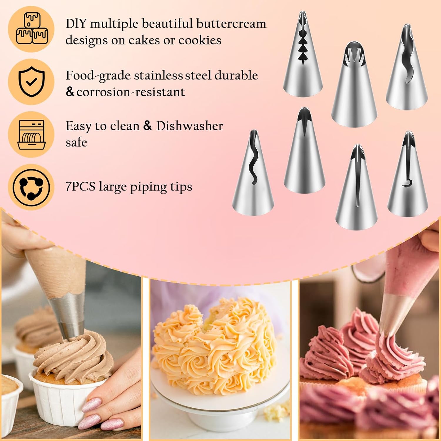 Thinp 7 Pcs Piping Tips,Pleated Skirt Piping Nozzles Set Stainless Steel Ruffle Piping Tips Cake Piping Tips Ruffle Decorating Tube Set Ruffle Tips for Cake Decorating Pastry Fondant-3