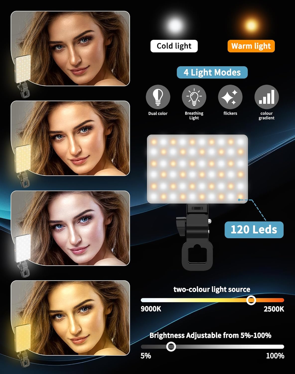 Selfie Light for Phone,120 LEDs Phone Light, Phone Light Clip on Rechargeable 3000mAh CRI 96+,4 Modes Light Camera Light for Phone,Laptop,Tablet,Zoom Meeting,Makeup,TikTok-2