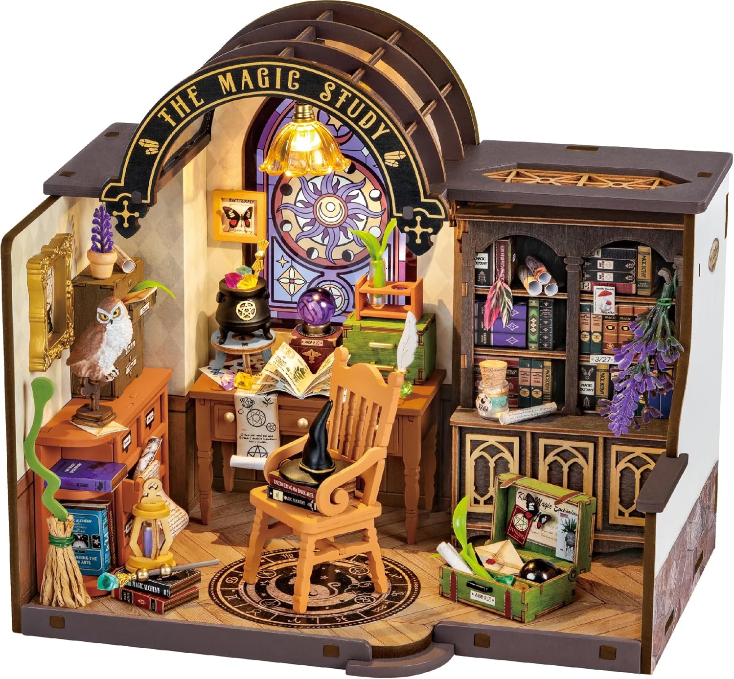 ROBOTIME The Magic Study DIY Miniature House Kit with LED and Furniture, Wooden Dollhouse Model Building Kit Gift for Children and Adults-0