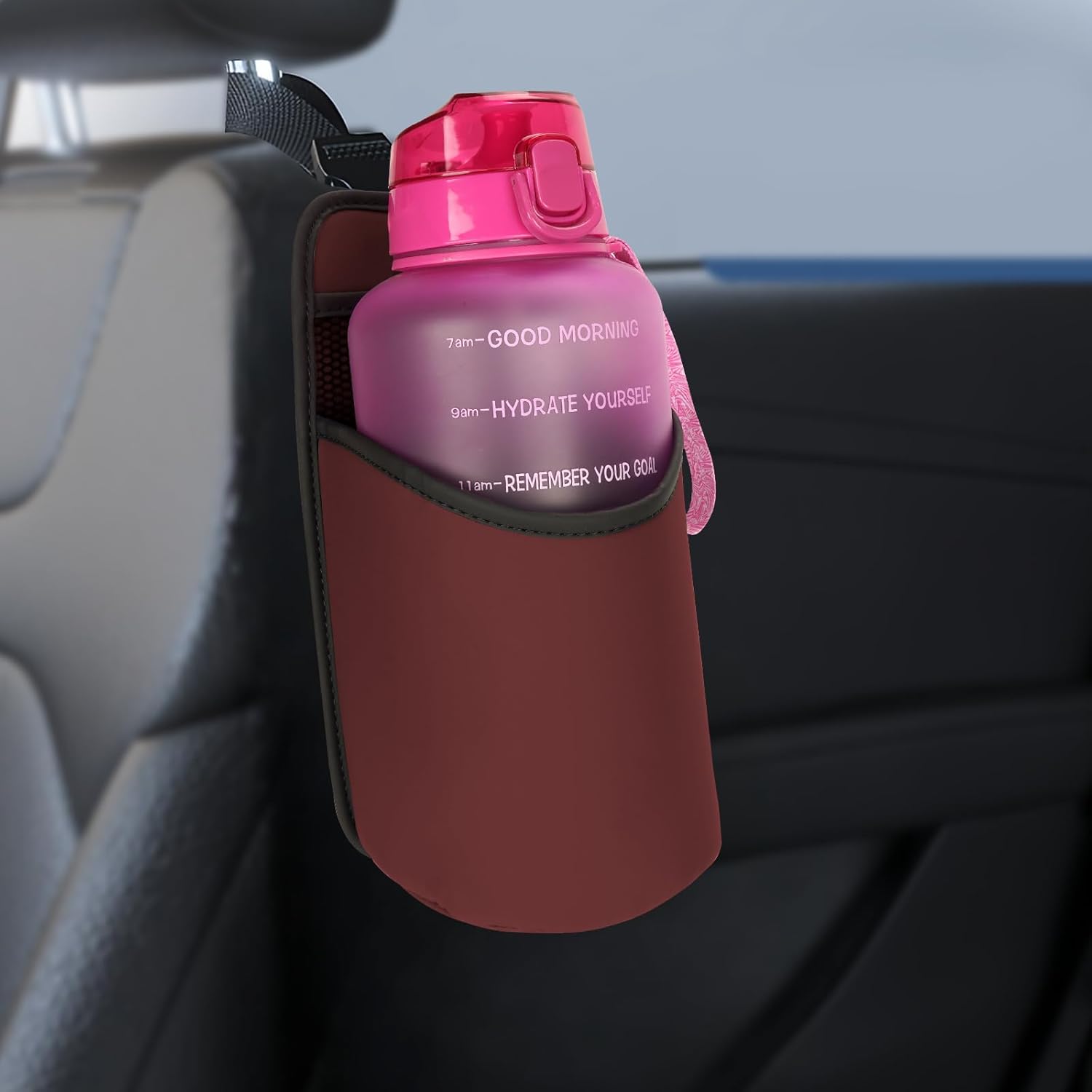 Linkidea Extra Large Car Seat Side Water Bottle Holder Compatible with Yeti Rambler Bottle 64oz, Hydro Flask 64oz, EYQ 64oz/128oz, Auto Seat Large Car Cup Hanging Bag with Mesh Pocket, Red-0