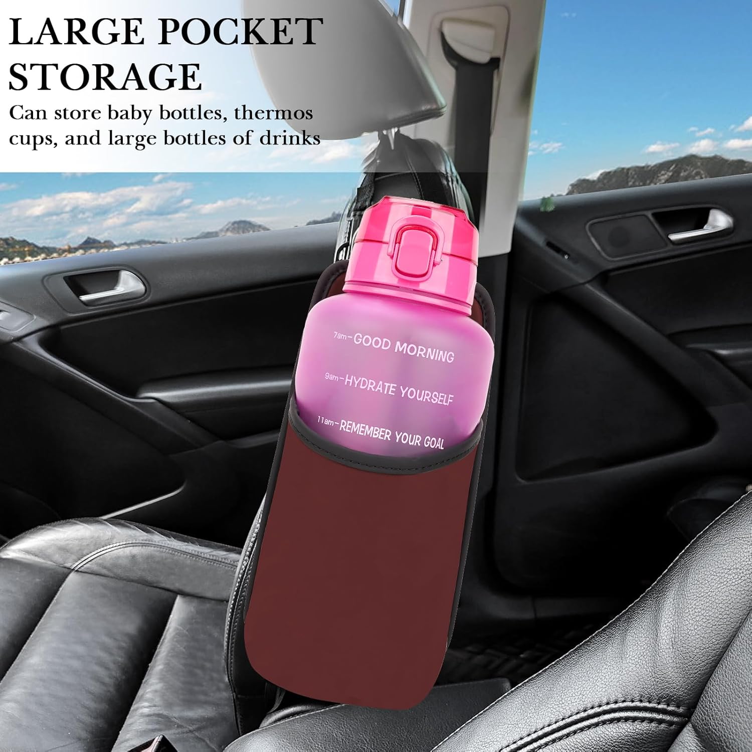 Linkidea Extra Large Car Seat Side Water Bottle Holder Compatible with Yeti Rambler Bottle 64oz, Hydro Flask 64oz, EYQ 64oz/128oz, Auto Seat Large Car Cup Hanging Bag with Mesh Pocket, Red-5