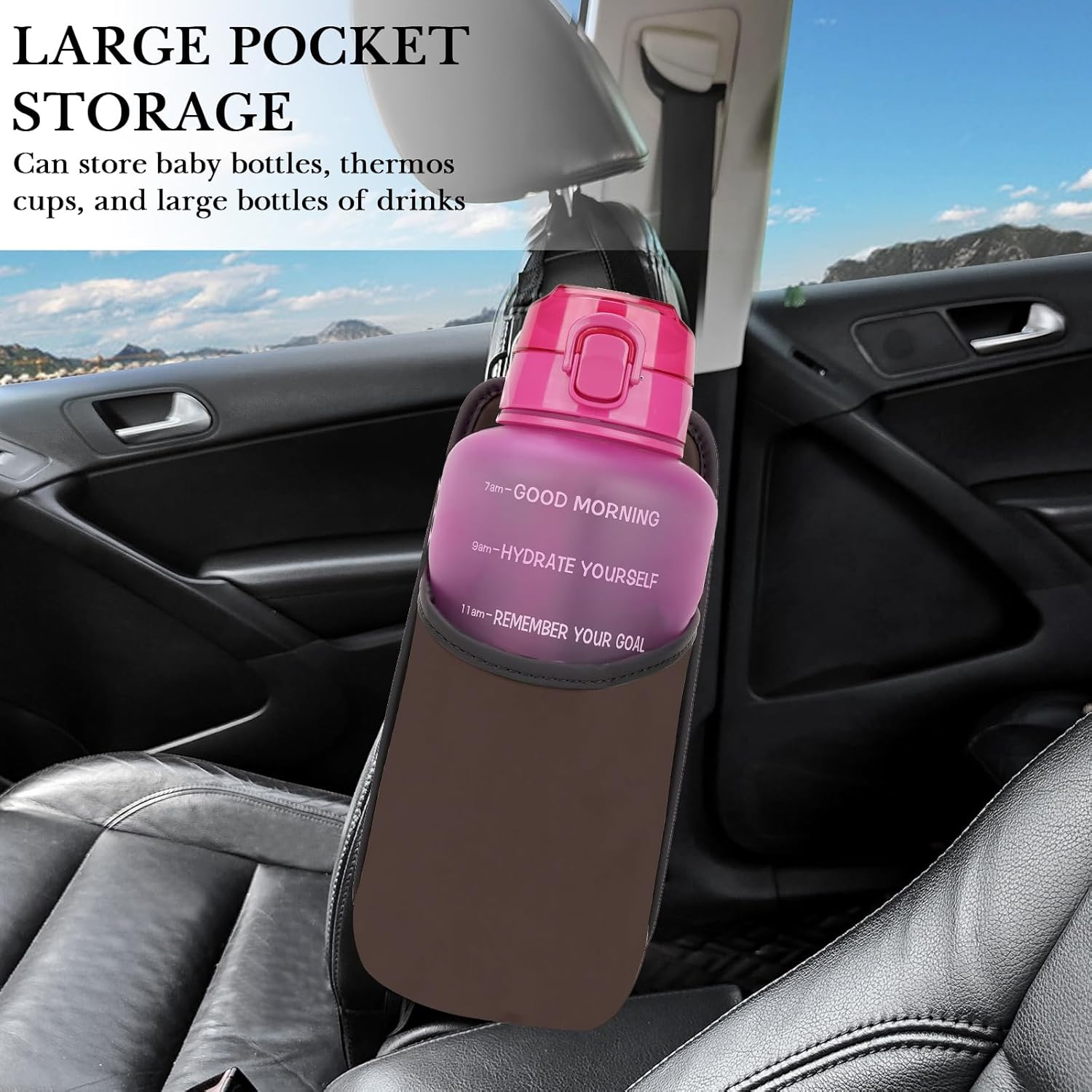 Linkidea Extra Large Car Seat Side Water Bottle Holder Compatible with Yeti Rambler Bottle 64oz, Hydro Flask 64oz, EYQ 64oz/128oz, Auto Seat Large Car Cup Hanging Bag with Mesh Pocket, Brown-5