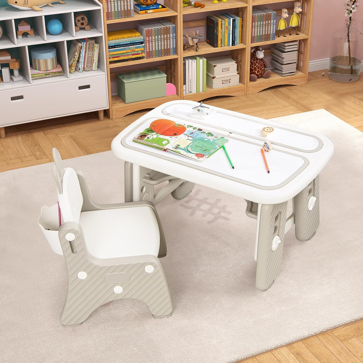 Maxmass Toddlers Table and Chair Set, Height Adjustable Kids Art Table with Flip-Top Tabletop, Erasable Magnetic Drawing Board & Storage Box/Shelf, Children Activity Table for Nursery Playroom-8