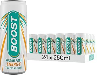 Boost Energy Drink Sugar Free Cans Tropical Flavour - 24 Pack Drinks with Caffeine, Taurine and Vitamin B | Carbonated Energy Drinks | Gluten Free Vegan Low Calorie Zero Sugar Fizzy Drinks | 24x250ml