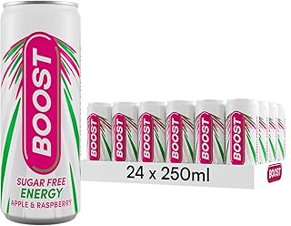 Boost Energy Drink Sugar Free Raspberry & Apple - 24 Pack Drinks with Caffeine, Taurine and Vitamin B | Carbonated Energy Drinks | Gluten Free Vegan Low Calorie Zero Sugar Fizzy Drinks | 24x250ml