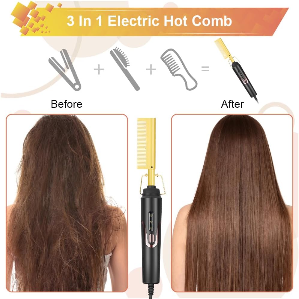 Flintronic Electric Hot Comb, Hot Comb Hair Straightener, Anti-Scald Straightening Comb with Teeth, Hair Straightening Curly Quick Heated Comb for Wigs, Afro Hair & Beard, Temperatures Adjustable-2