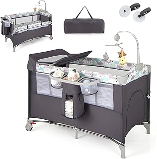 GYMAX 5 in 1 Folding Travel Cot, Portable Baby Bed Playard with Diaper Changer, Music Box, Mattress, Safety Strap, Side Zipper Entrance, Infant Bassinet Nursery Center for Newborn (Gray)