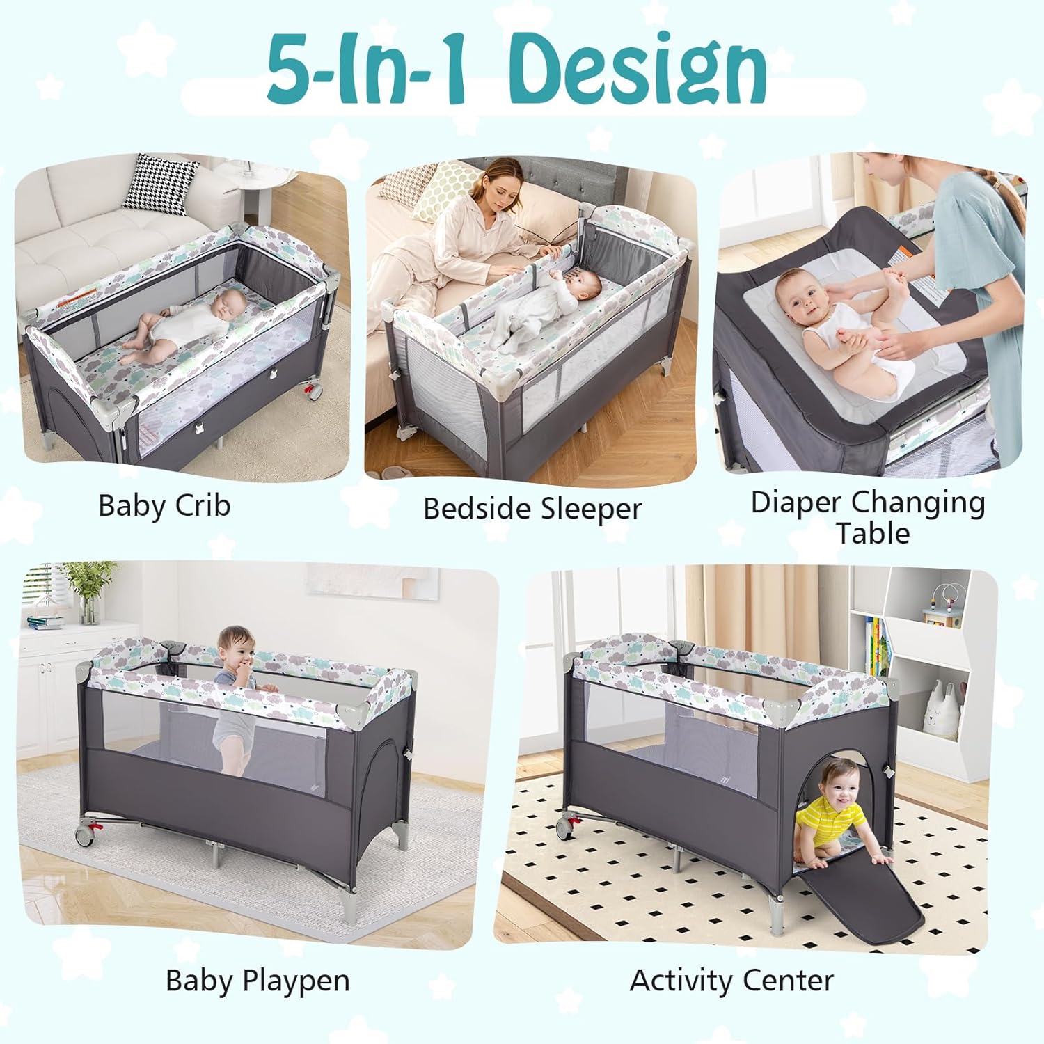 GYMAX 5 in 1 Folding Travel Cot, Portable Baby Bed Playard with Diaper Changer, Music Box, Mattress, Safety Strap, Side Zipper Entrance, Infant Bassinet Nursery Center for Newborn (Gray)-1