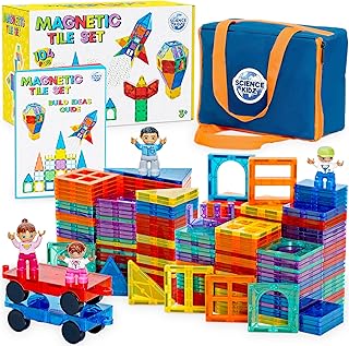 Science Kidz Magnetic Tiles - 100 Piece Set + 4 Play Figures + Storage Bag - Magnetic Building Blocks For Kids - Educational STEM Magnet Toys For 3, 4, 5, 6, 7 Year Old Boys & Girls - Magnetic Shapes