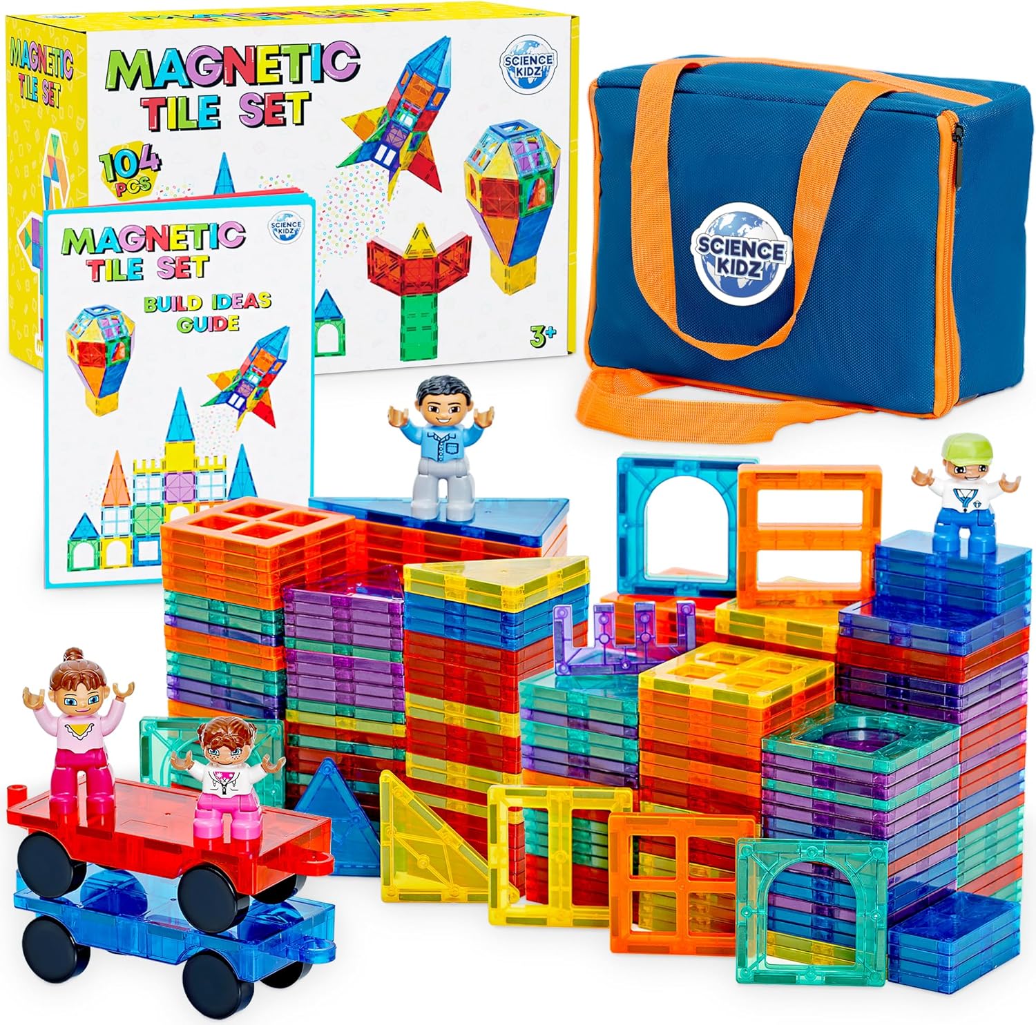 Science Kidz Magnetic Tiles - 100 Piece Set + 4 Play Figures + Storage Bag - Magnetic Building Blocks For Kids - Educational STEM Magnet Toys For 3, 4, 5, 6, 7 Year Old Boys & Girls - Magnetic Shapes-0