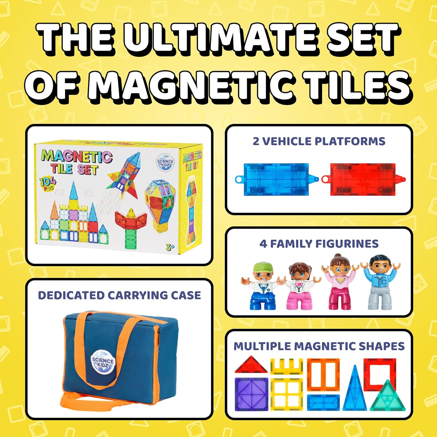 Science Kidz Magnetic Tiles - 100 Piece Set + 4 Play Figures + Storage Bag - Magnetic Building Blocks For Kids - Educational STEM Magnet Toys For 3, 4, 5, 6, 7 Year Old Boys & Girls - Magnetic Shapes-1