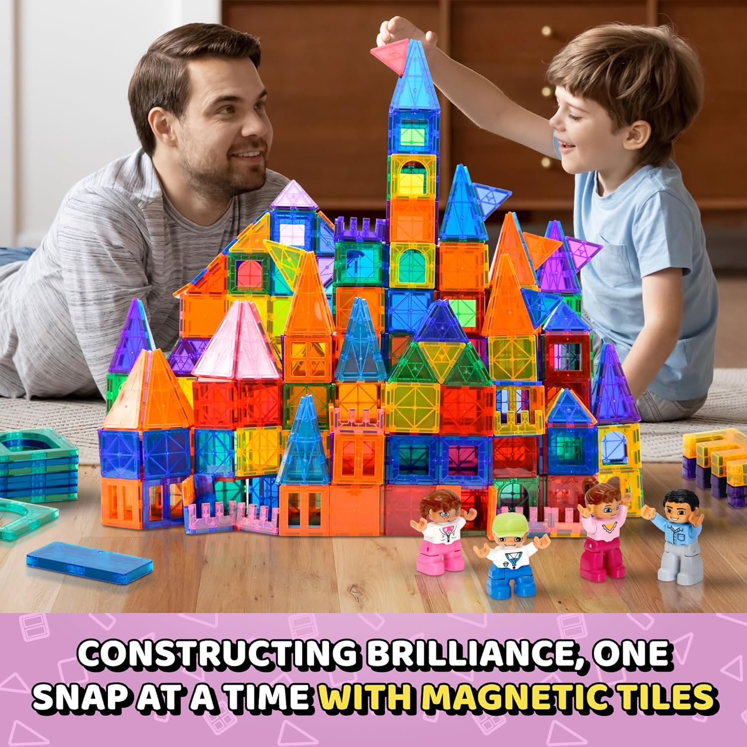 Science Kidz Magnetic Tiles - 100 Piece Set + 4 Play Figures + Storage Bag - Magnetic Building Blocks For Kids - Educational STEM Magnet Toys For 3, 4, 5, 6, 7 Year Old Boys & Girls - Magnetic Shapes-5