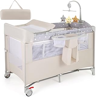 Maxmass 5 in 1 Baby Travel Cot, Foldable Infant Crib with Lockable Wheels, Bassinet, Mattress, Storage Rack, Music Box, Hanging Toys and Carry Bag, Newborn Activity Center for 0-36 Months (Beige)