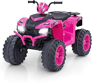 GYMAX Kids Electric Quad Bike, 24V Battery Powered Toy Car with Wireless Connection, USB, Music, Radio, Lights, Soft Start, Forward and Backward, Children Ride on ATV for 3-8 Years Old (Pink)