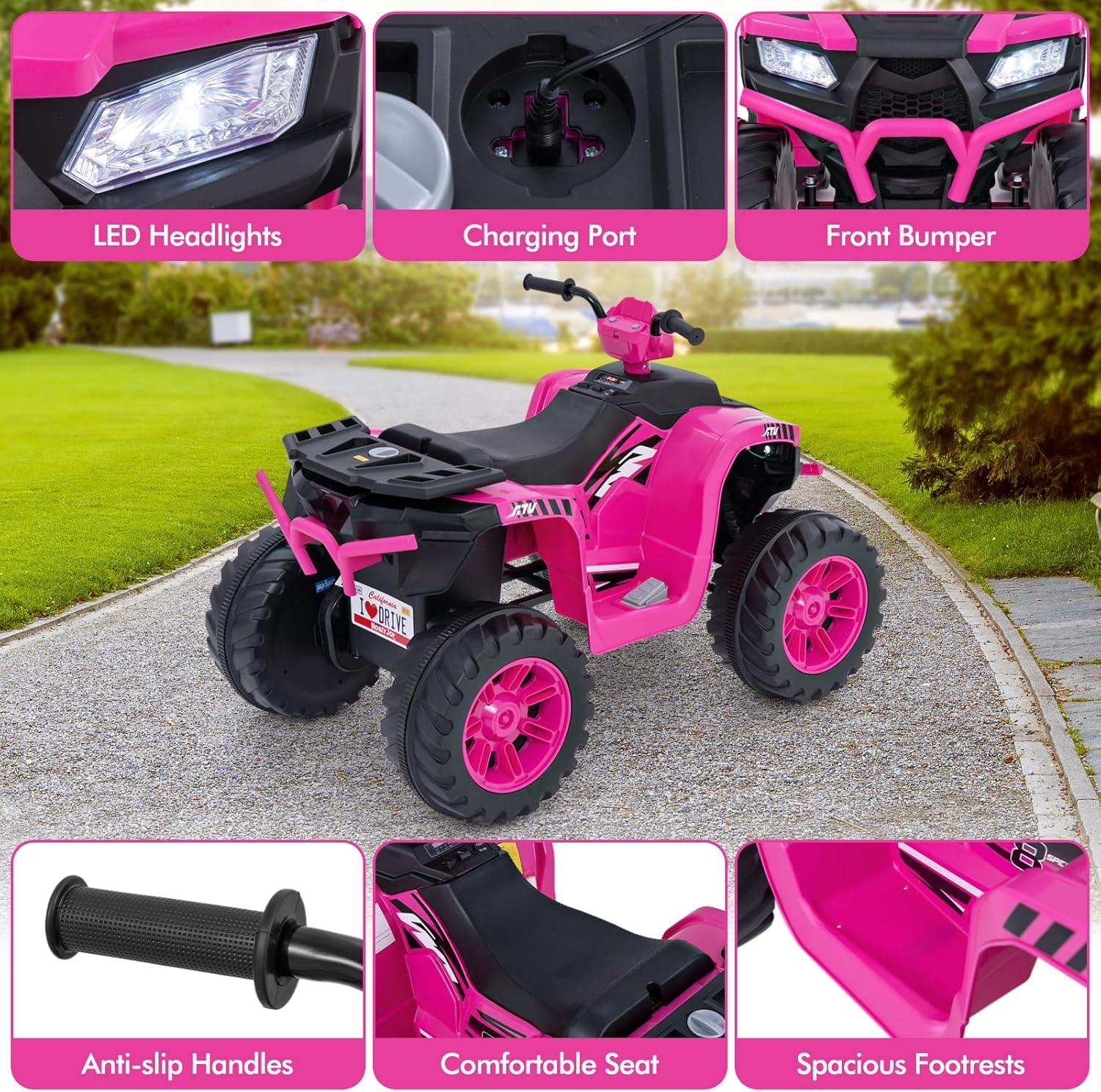 GYMAX Kids Electric Quad Bike, 24V Battery Powered Toy Car with Wireless Connection, USB, Music, Radio, Lights, Soft Start, Forward and Backward, Children Ride on ATV for 3-8 Years Old (Pink)-4