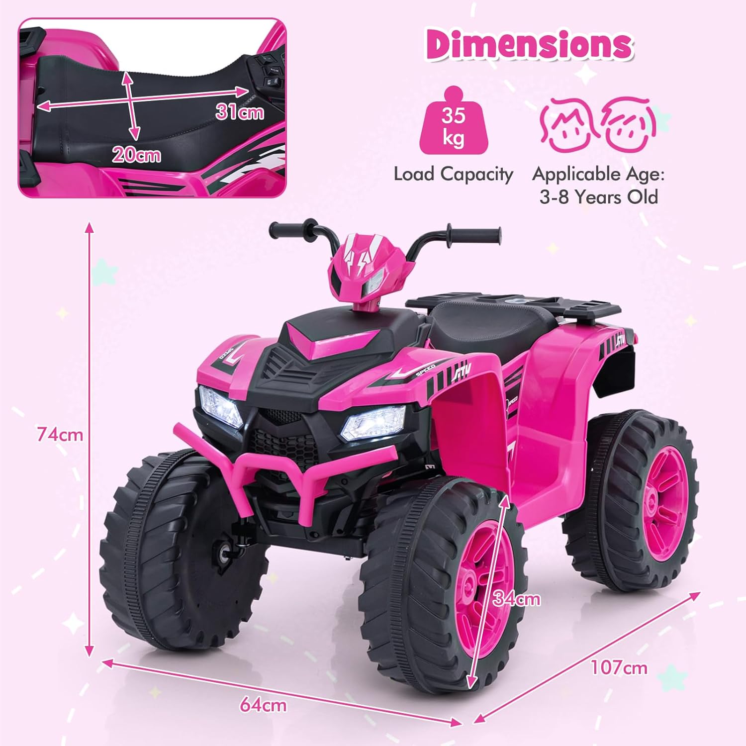 GYMAX Kids Electric Quad Bike, 24V Battery Powered Toy Car with Wireless Connection, USB, Music, Radio, Lights, Soft Start, Forward and Backward, Children Ride on ATV for 3-8 Years Old (Pink)-5