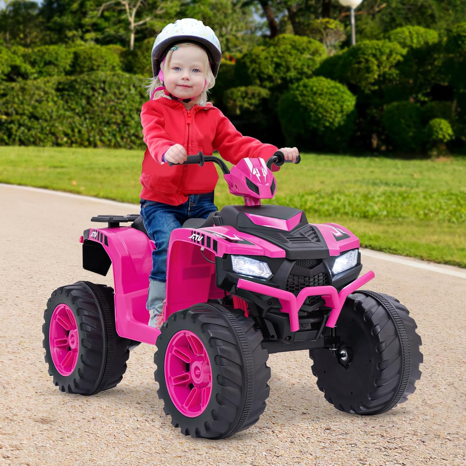 GYMAX Kids Electric Quad Bike, 24V Battery Powered Toy Car with Wireless Connection, USB, Music, Radio, Lights, Soft Start, Forward and Backward, Children Ride on ATV for 3-8 Years Old (Pink)-8