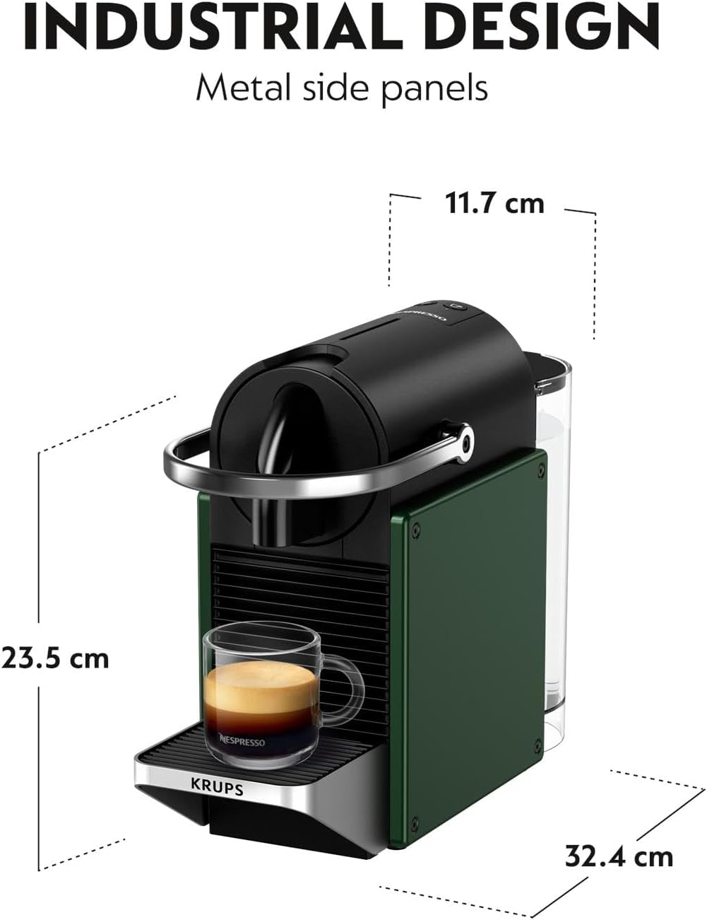 Nespresso Pixie Pod Coffee Machine, Compact Espresso Maker for Original Pods, 19-Bar High Pressure, Fast Heat-Up, Energy Saving, Auto Shut-Off, Recyclable Pods by Krups in Dark Green XN3063G0-1