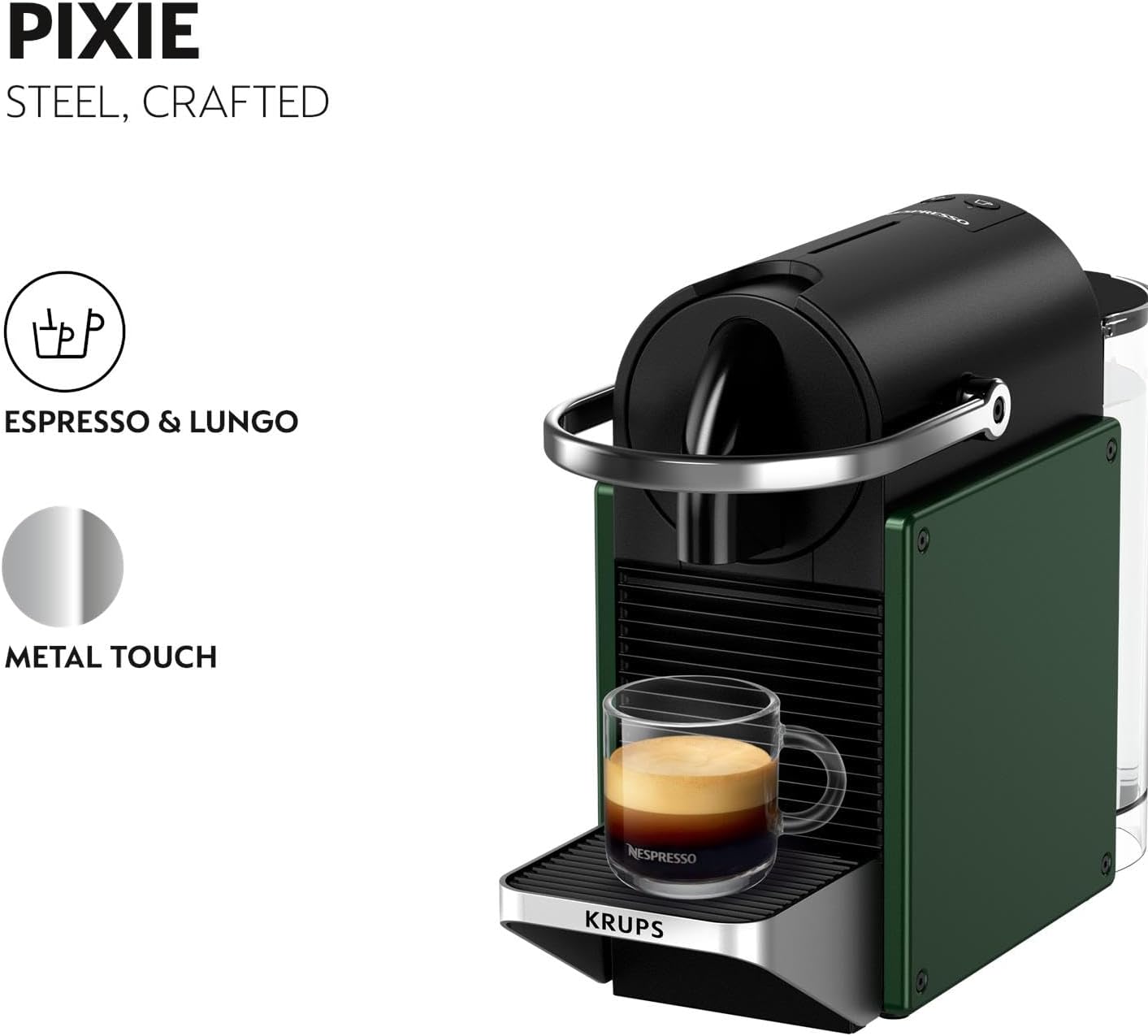 Nespresso Pixie Pod Coffee Machine, Compact Espresso Maker for Original Pods, 19-Bar High Pressure, Fast Heat-Up, Energy Saving, Auto Shut-Off, Recyclable Pods by Krups in Dark Green XN3063G0-2