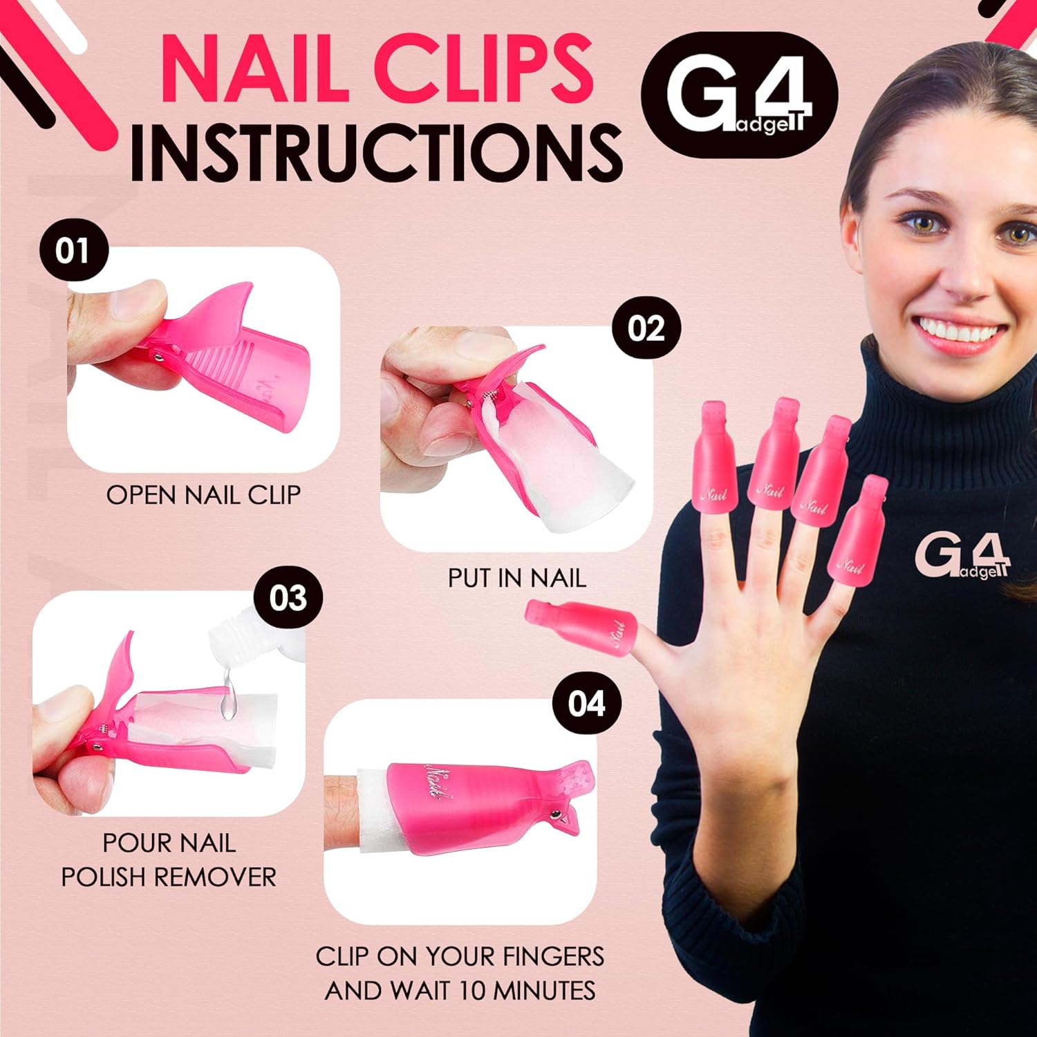 G4GADGET 10 PCS Nail Polish Remover Clips – Soak Off Gel, Acrylic & UV Nail Polish Removal, Reusable & Anti-Slip Rose Red Clips for Fingers & Toenails-4