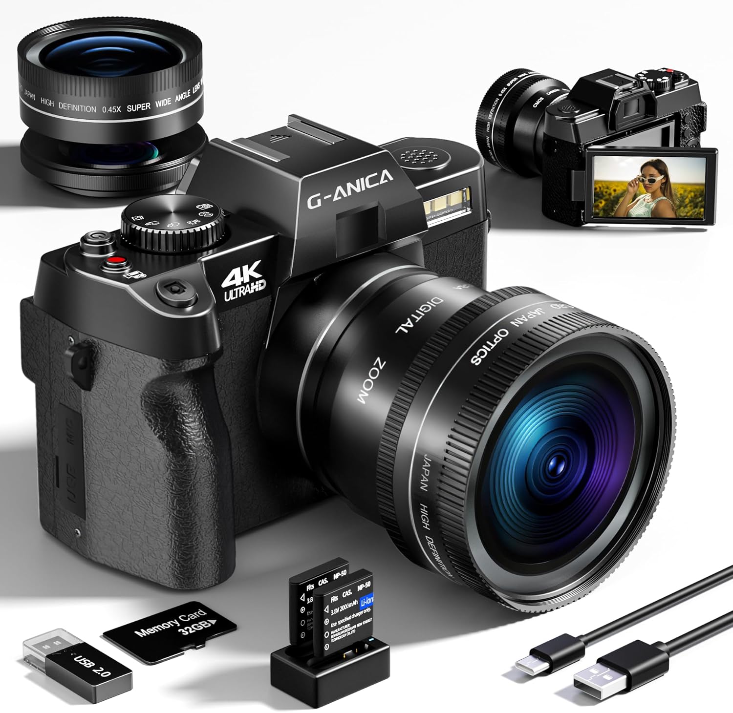 G-Anica Digital Camera, 48MP Cameras for Photography with WiFi & App Control, 4K Vlogging Camera for YouTube,Compact Camera,Perfect for Entry-Level Users and Beginners with Macro&Wide Lens-32GB Card-0