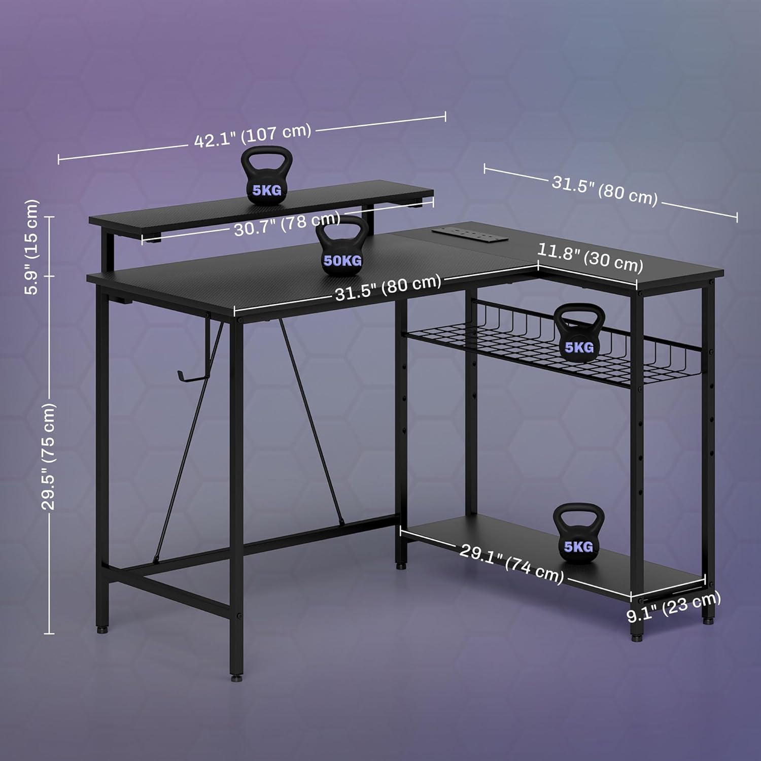 HOMCOM L Shaped Gaming Desk with LED Lights, Power Outlet, USB Charging Ports, 107cm Reversible Corner Computer Desk with Storage Shelves, Monitor Stand for Home Office, Small Space, Black-2