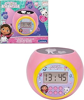 LEXIBOOK Gabby's Dollhouse, clock-projector with alarm and snooze function, nightlight with timer, LCD screen, battery-operated, Pink, One size