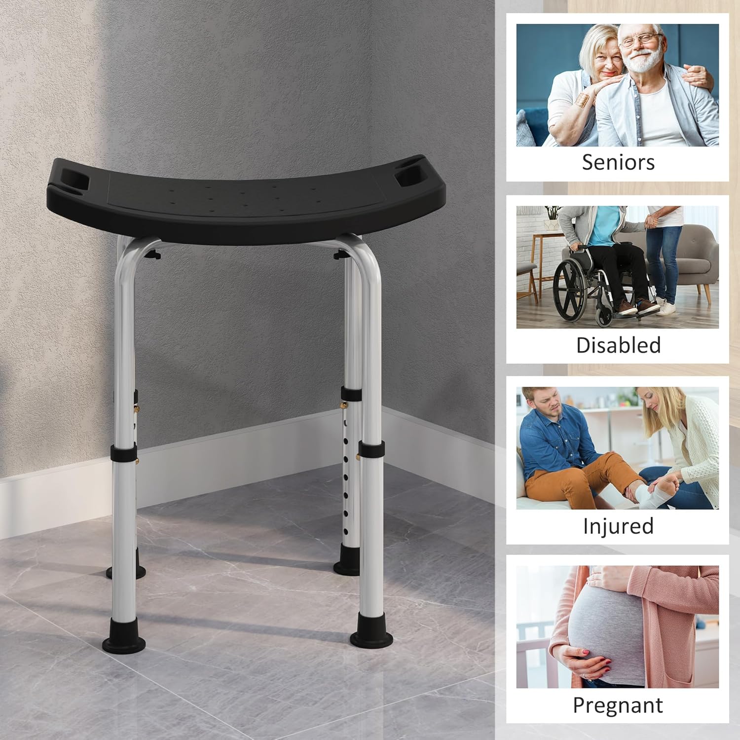 HOMCOM Height Adjustable Shower Stool, Aluminium Shower Chair, Non-Slip Bath Stool for Elderly, Disabled, Seniors, Pregnant, Black-7