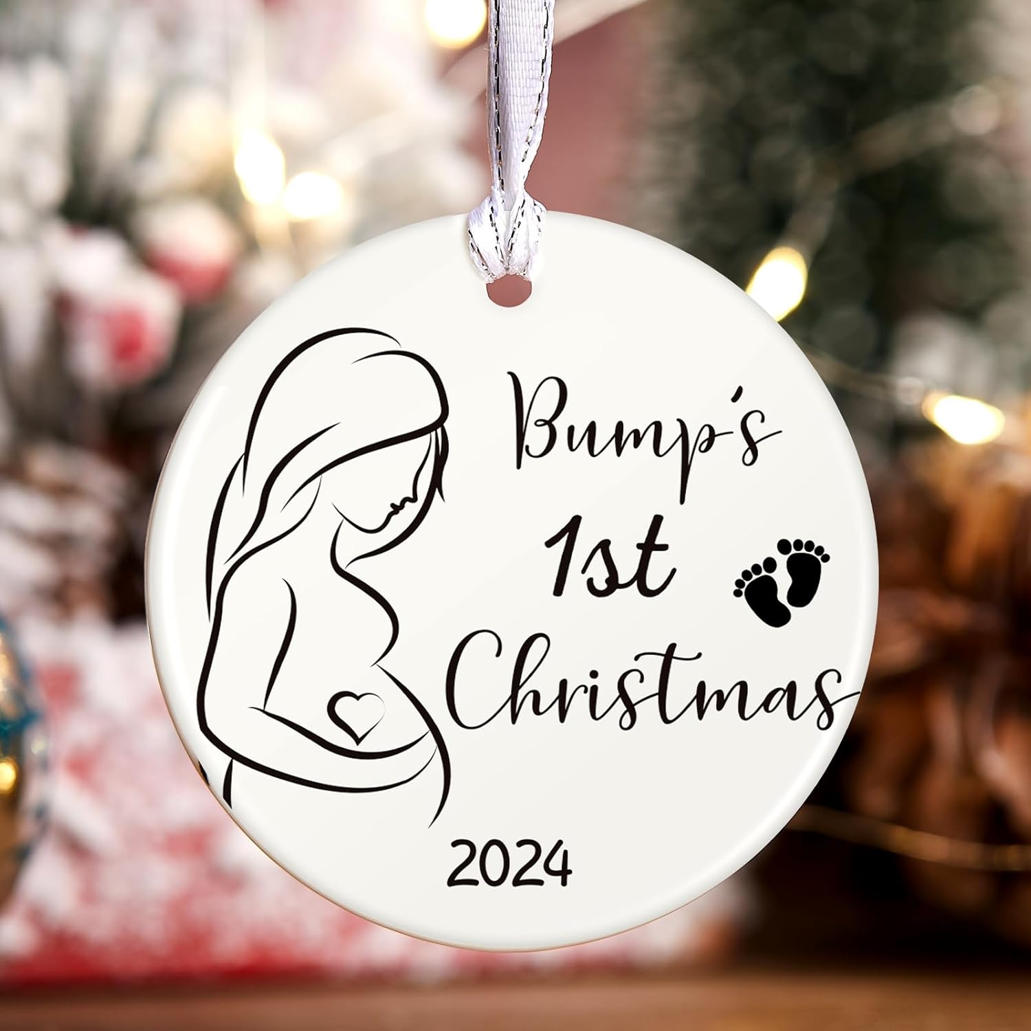 Marsui Christmas Bauble Bump's First Ceramic Ornaments 2024 Christmas Tree Decoration Hanging Plaque Gifts for Pregnancy Mummy and Daddy Toddler New Baby(2.76 x 2.76 Inches,Round Style)-1