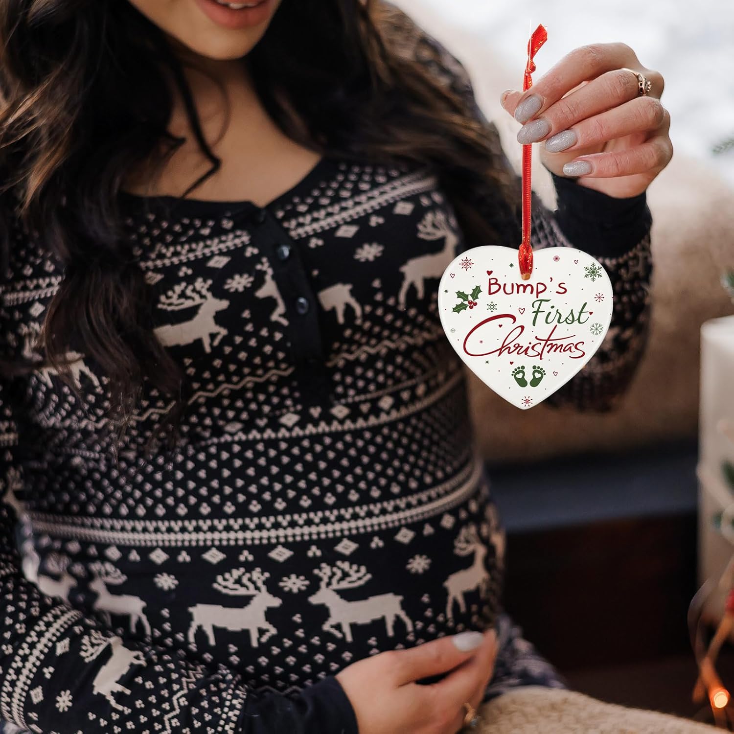 Marsui Christmas Bauble Bump's First Ceramic Ornaments 2024 Christmas Tree Decoration Hanging Plaque Gifts for Pregnancy Mummy and Daddy Toddler New Baby (2.76 x 2.76 Inches,Heart Style)-4