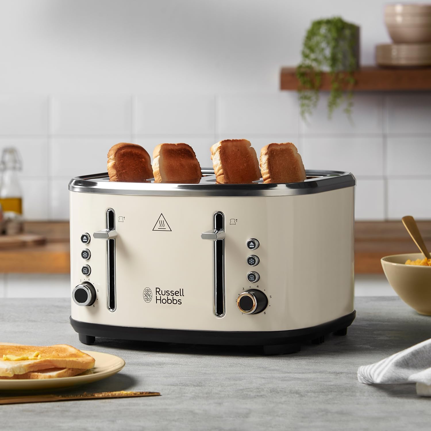 Russell Hobbs 4 Slice Toaster (Independent & Extra wide slots, 6 Browning levels, Frozen, cancel & reheat features with blue indicator light, removable crumb tray, Cream) Stylevia 26291-1