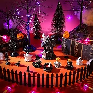 Marsui 23 Pcs Halloween Village Accessories Halloween Miniatures Figurines Houses Ornaments Pumpkins Bare Branches Witch Cats Crows for Halloween Party Decor