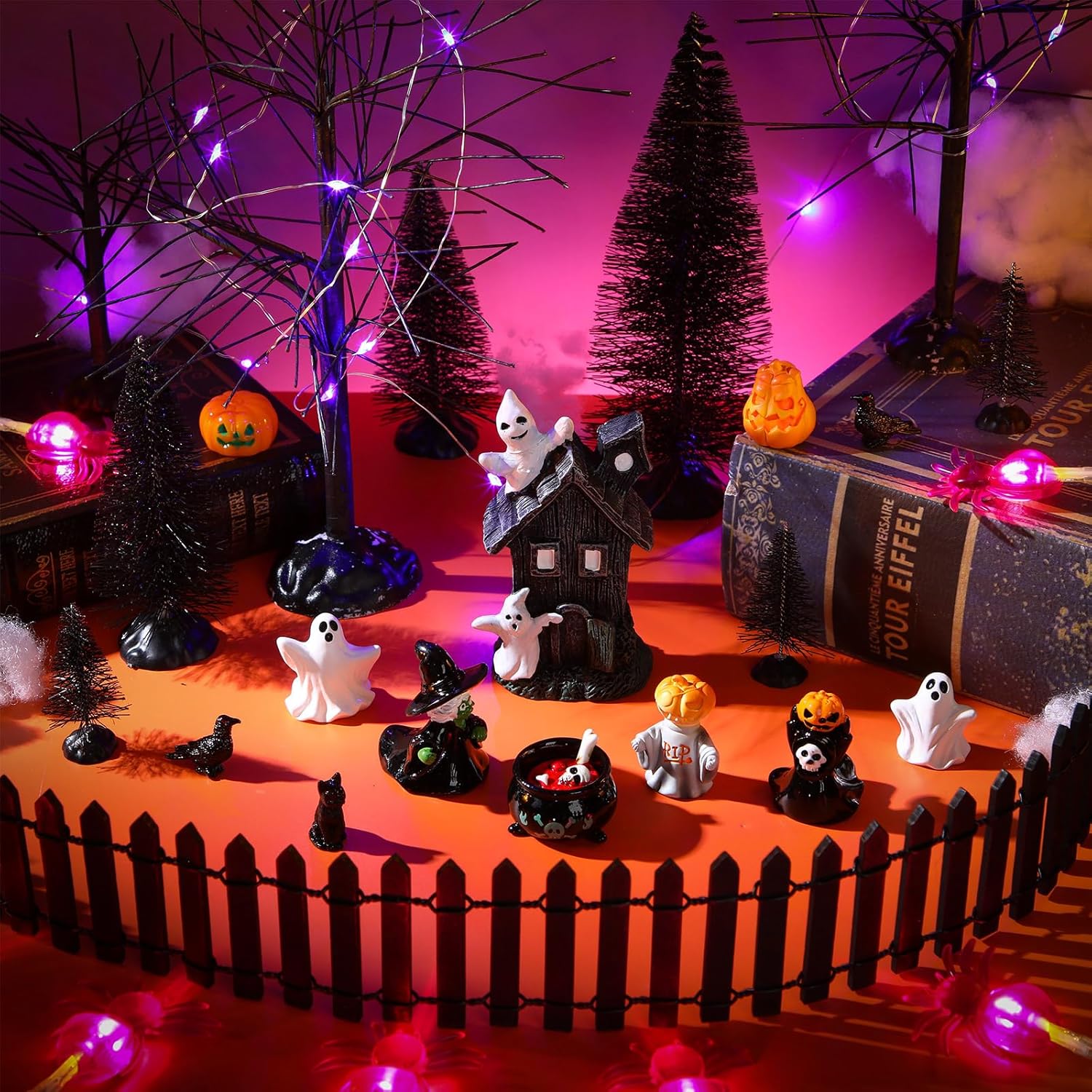 Marsui 23 Pcs Halloween Village Accessories Halloween Miniatures Figurines Houses Ornaments Pumpkins Bare Branches Witch Cats Crows for Halloween Party Decor-0