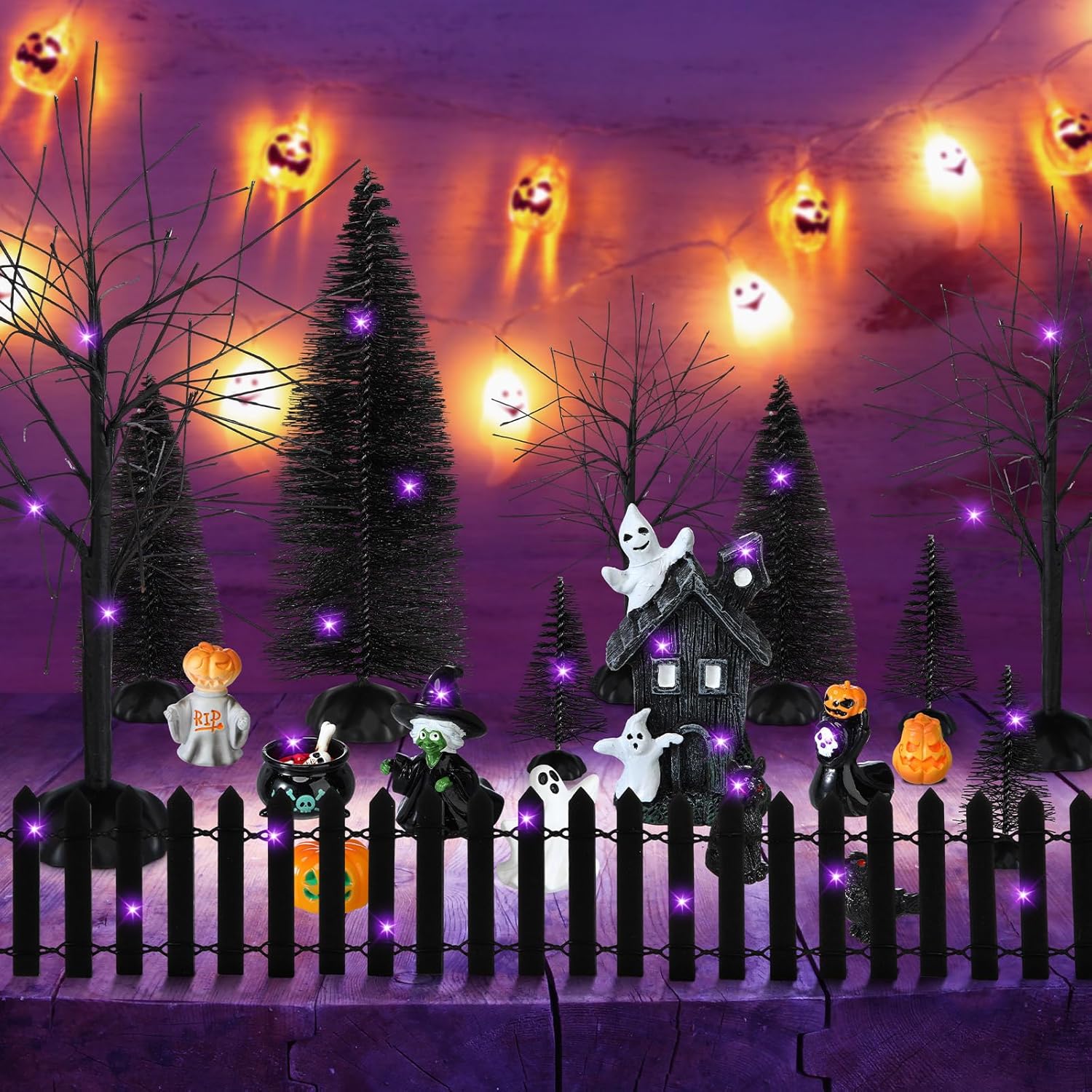 Marsui 23 Pcs Halloween Village Accessories Halloween Miniatures Figurines Houses Ornaments Pumpkins Bare Branches Witch Cats Crows for Halloween Party Decor-1