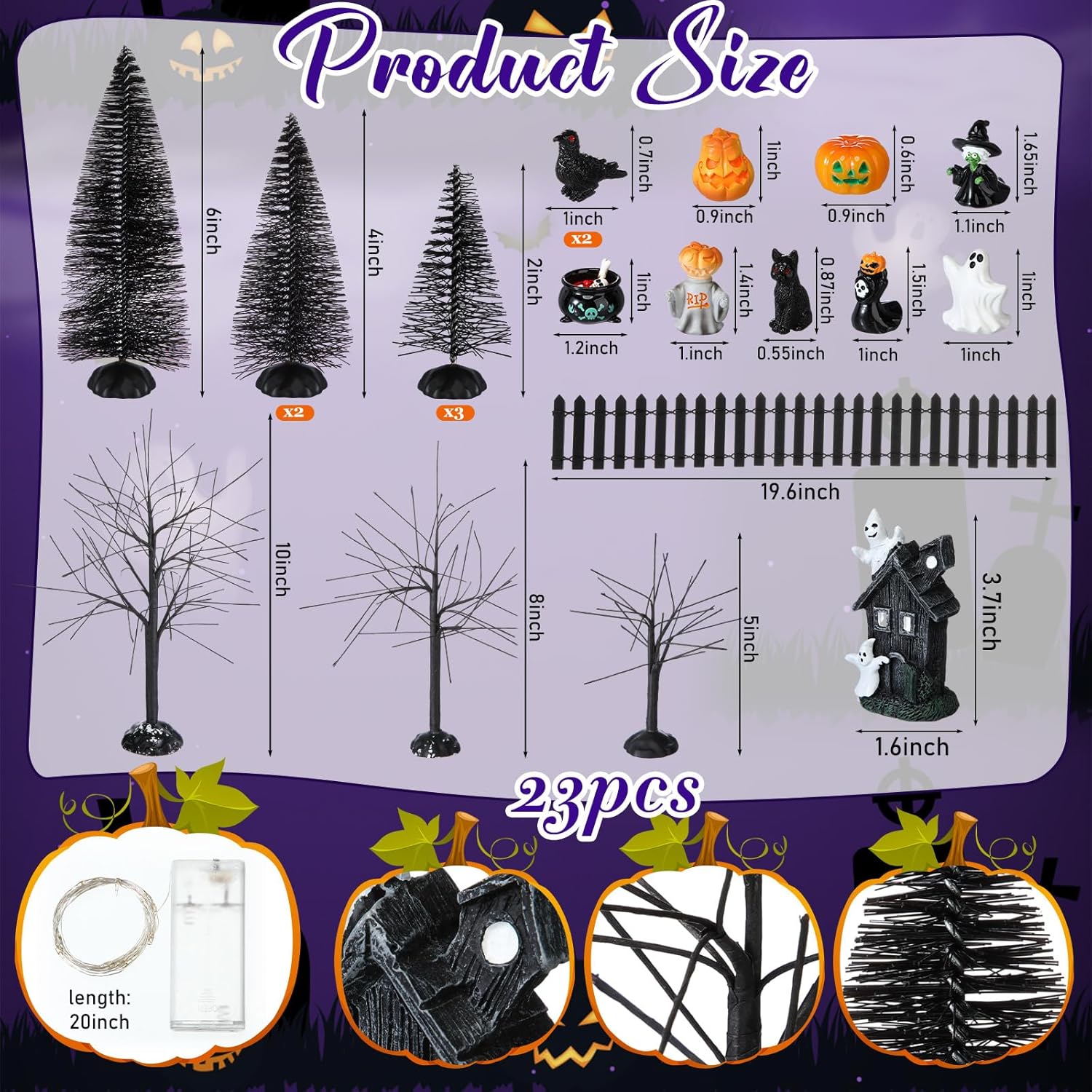 Marsui 23 Pcs Halloween Village Accessories Halloween Miniatures Figurines Houses Ornaments Pumpkins Bare Branches Witch Cats Crows for Halloween Party Decor-2