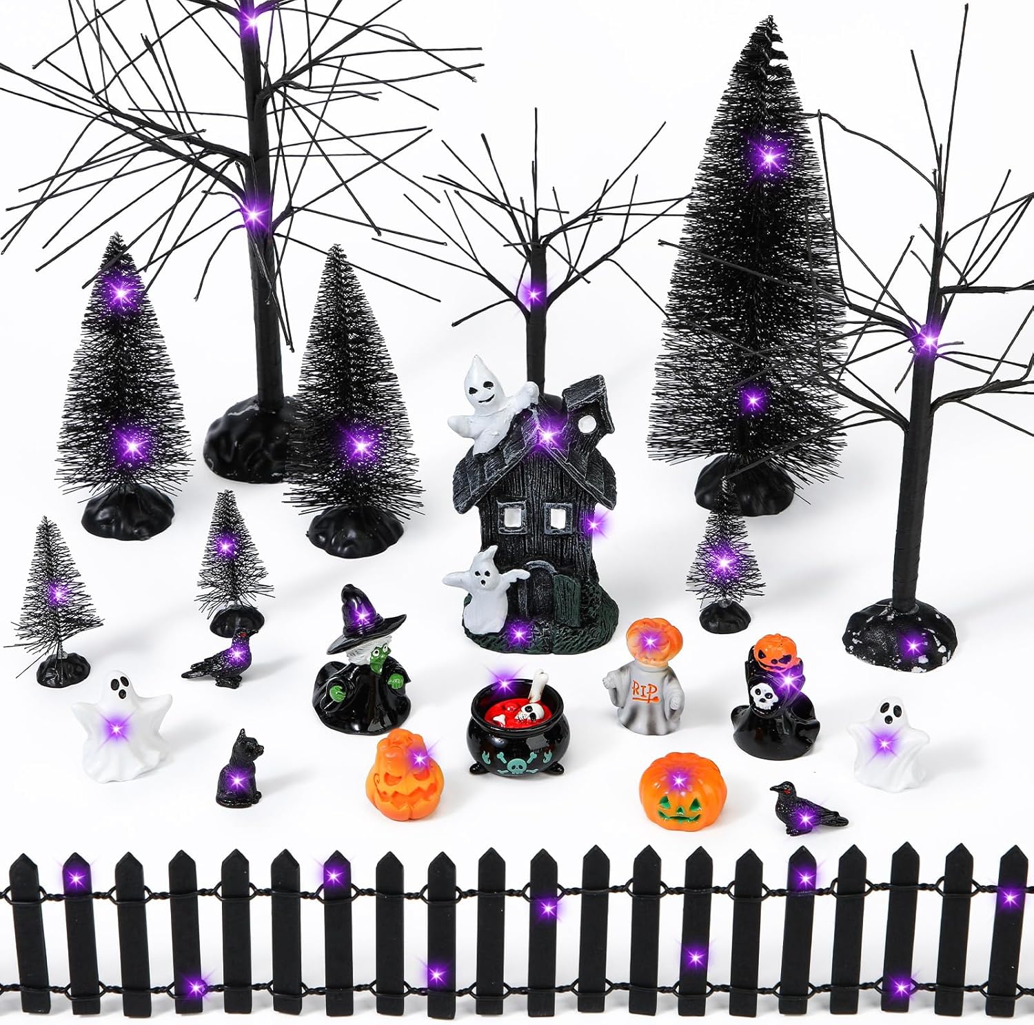 Marsui 23 Pcs Halloween Village Accessories Halloween Miniatures Figurines Houses Ornaments Pumpkins Bare Branches Witch Cats Crows for Halloween Party Decor-5