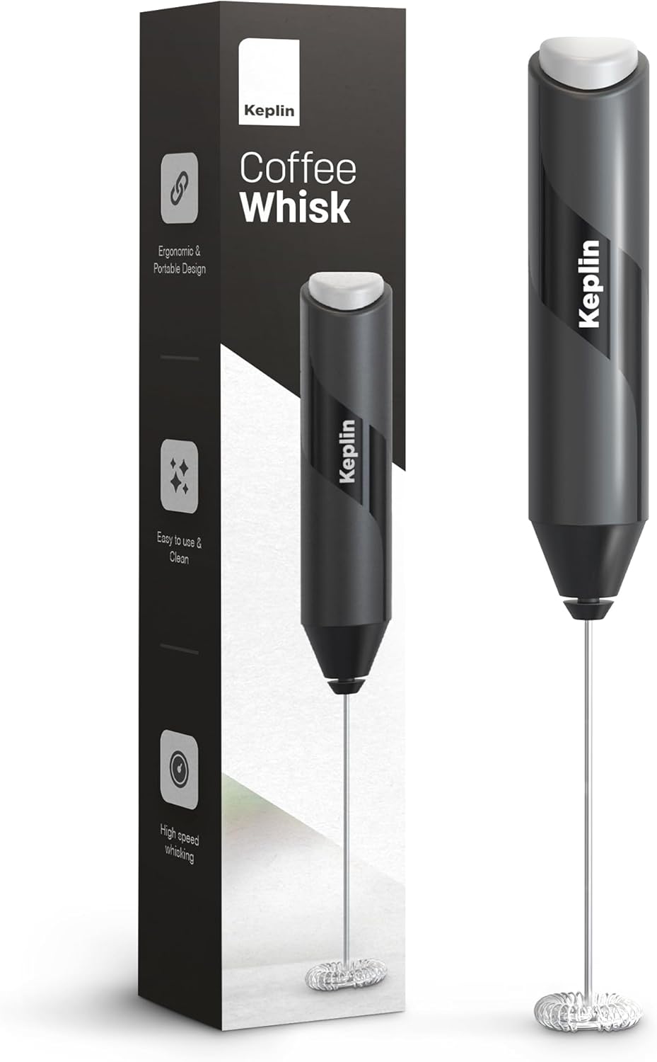 Keplin Handheld Milk Frother - Stainless Steel Electric Whisk - Portable Battery Operated Coffee Stirrer for Lattes, Matcha, Protein Shakes - Ergonomic, Compact, Easy to Clean & Use (Black)-0