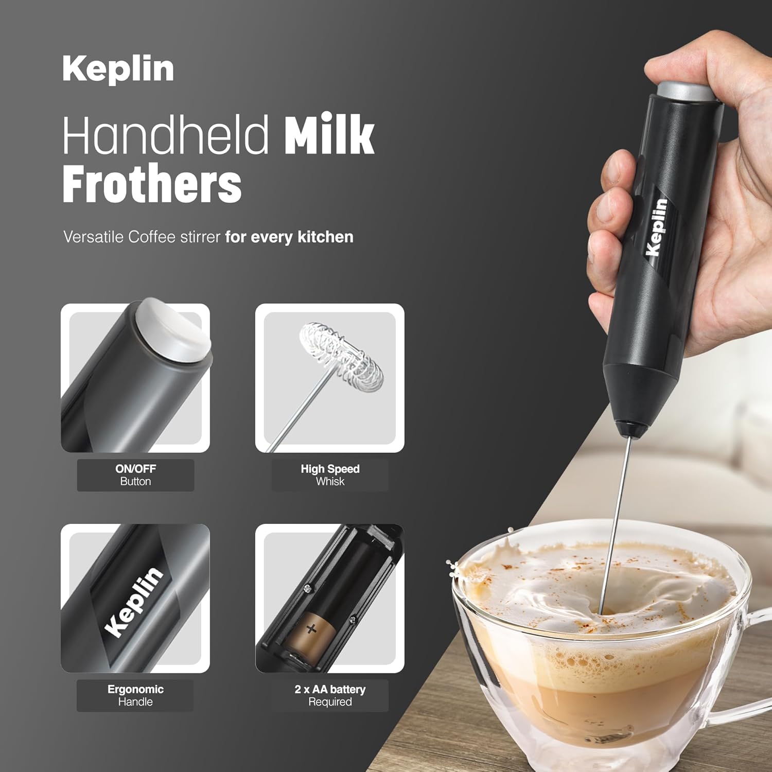 Keplin Handheld Milk Frother - Stainless Steel Electric Whisk - Portable Battery Operated Coffee Stirrer for Lattes, Matcha, Protein Shakes - Ergonomic, Compact, Easy to Clean & Use (Black)-2