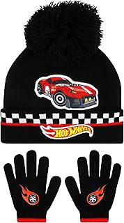 Hot Wheels Kids Hat And Gloves Set | Race Car Winter Hats For Kids | Boys Hat And Gloves Set | One Size Black