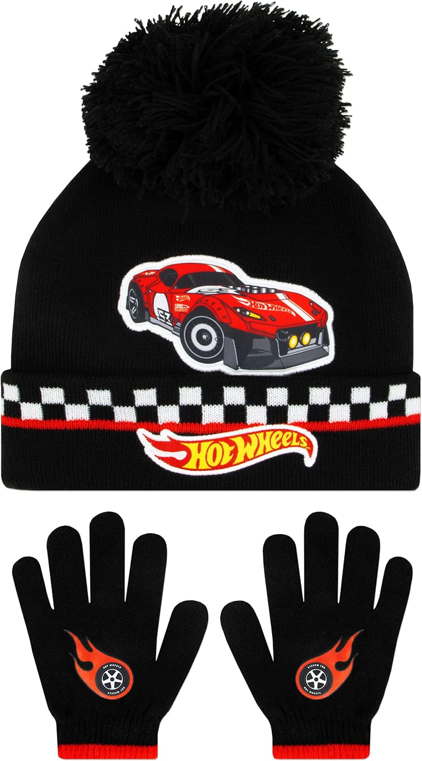 Hot Wheels Kids Hat And Gloves Set | Race Car Winter Hats For Kids | Boys Hat And Gloves Set | One Size Black-0