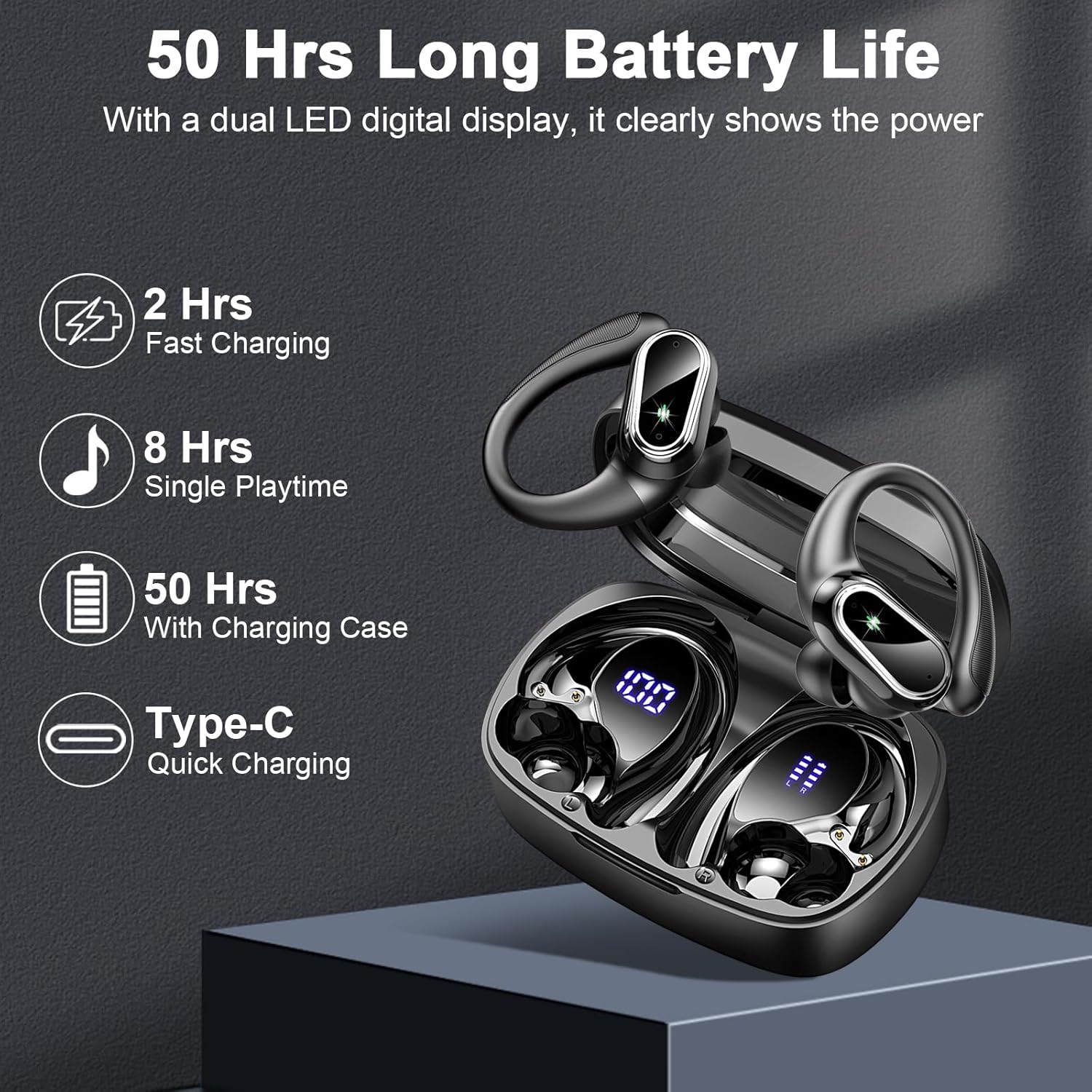 Wireless Earbuds, Bluetooth 5.3 Sport Headphones HiFi Stereo Noise Cancelling Earbuds with HD Mic, 50H Wireless Headphones Dual LED, In Ear Ear Buds with EarHooks, IP7 Bluetooth Earphones Running-4