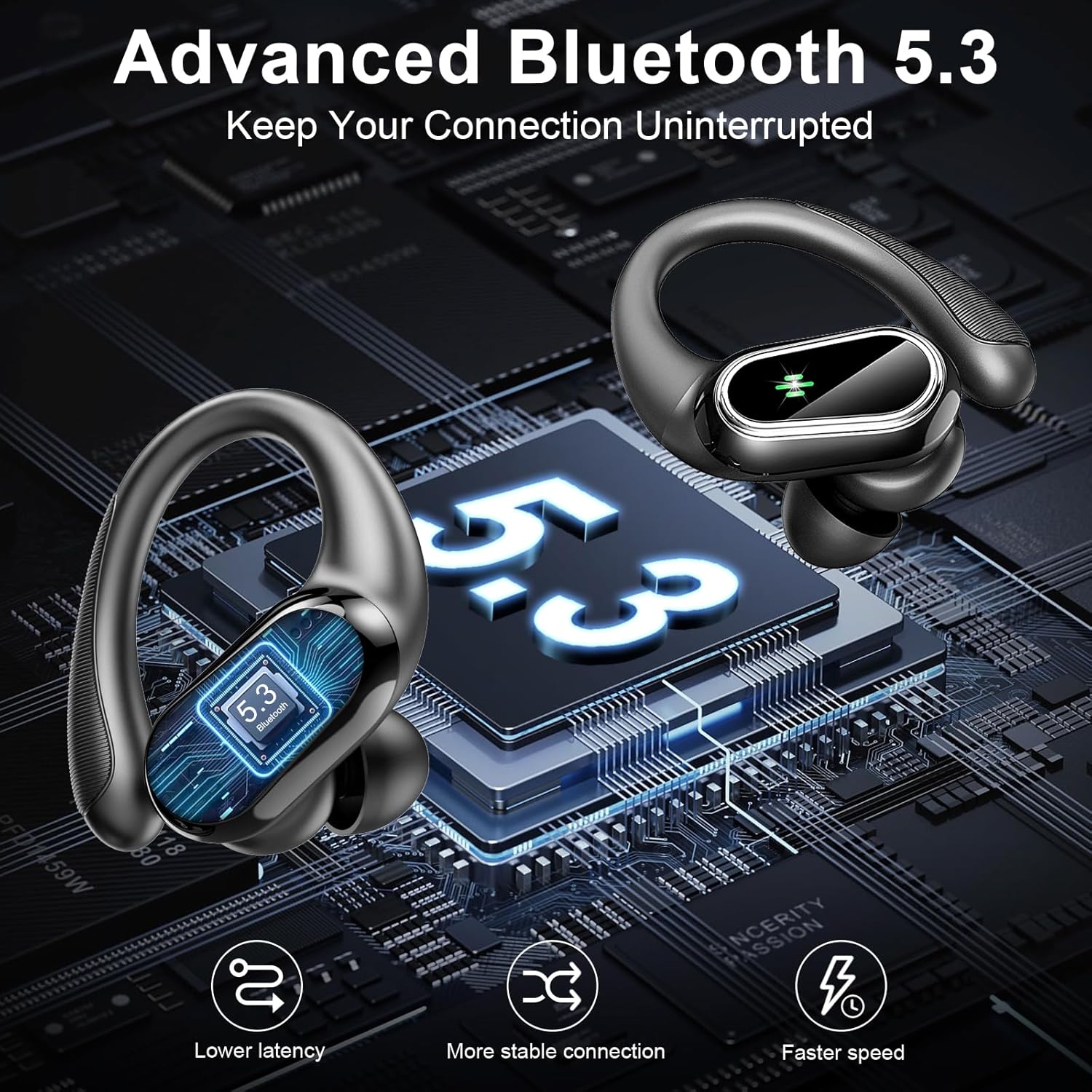 Wireless Earbuds, Bluetooth 5.3 Sport Headphones HiFi Stereo Noise Cancelling Earbuds with HD Mic, 50H Wireless Headphones Dual LED, In Ear Ear Buds with EarHooks, IP7 Bluetooth Earphones Running-6