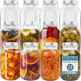 HEFTMAN Glass Mason Jars with Lids 1L - Set of 12 Air Tight Jars for Overnight Oats, Homemade Jam, Baby Food Storage, Meal Prep Jars, Pickling Jars - Large Glass Jars with Lids (1 Litre)